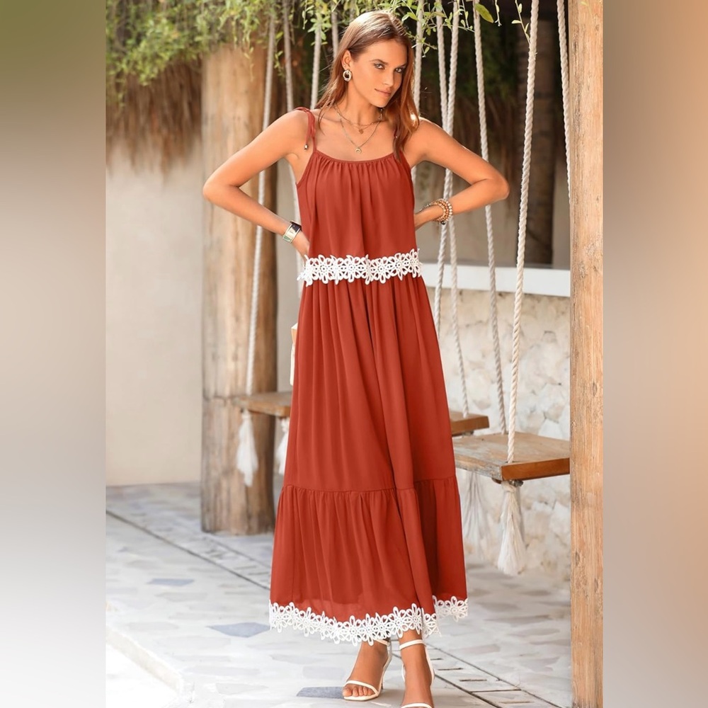 NEW| Boho Sun Dress Tie Spaghetti Strap A Line Ruffle Beach Long Maxi Dres - Picture 3 of 5